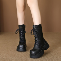 头层牛皮复古马丁靴女秋冬新款防滑耐磨真皮增高短靴中筒靴