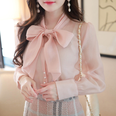 广赫雪纺衫女蝴蝶结衬衫时尚超仙女春装新款上衣气质长袖甜美女士洋气衬衫