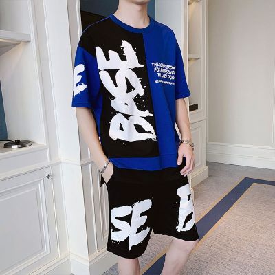 梵克公牛短袖短裤套装男2021夏季新款韩版流帅气字母印花休闲宽松男士运动套装韩版牌青少年学生网红一套衣服