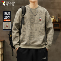 啄木鸟长袖厚棉T男士秋季2025新款圆领套头卡通印花美式宽松打底衫