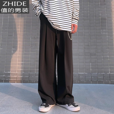 SUNTEK黑色链条休闲西裤男复古慵懒风宽松oversize阔腿直筒坠感拖地长裤西裤