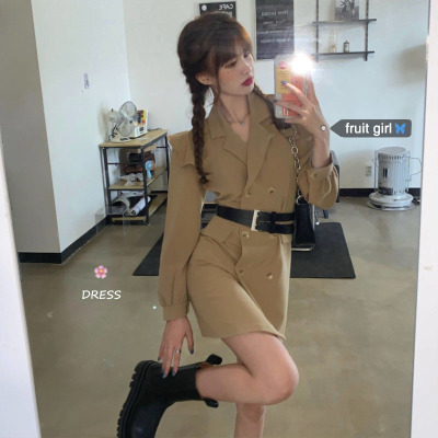 婕秘FRUITY韩国chic气质双排扣西装连衣裙女初春收腰显瘦飞飞袖短风衣