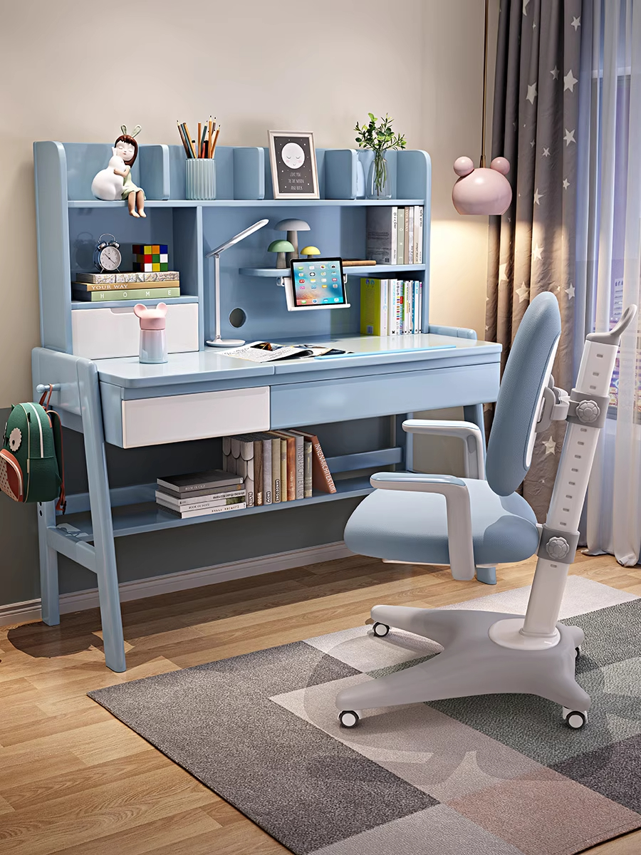 儿童学习桌椅组合可升降书桌书架一体男孩翻盖式中小学生写字桌子