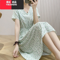 YIBUSHENG2024新款季高端棉绸连衣裙女气质收腰碎花中长外穿绵绸大摆裙子