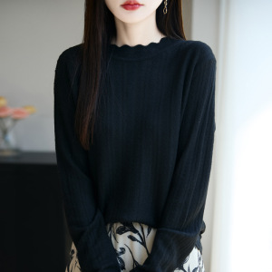 秋冬新款女式半高领精纺羊毛针织打底衫清新甜美风花边领舒适内搭
