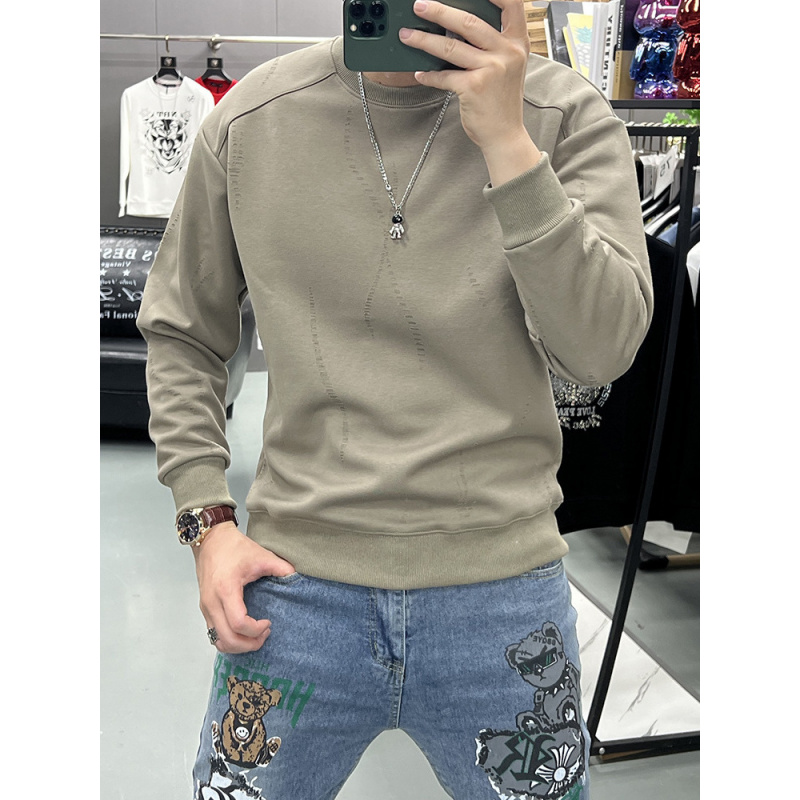 卫衣秋冬潮牌个性破洞纹理纯色打底衫男装宽松休闲百搭男长袖T恤