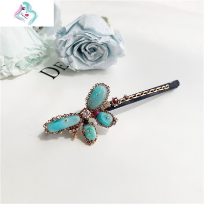 新款韩国小绿蝴蝶造型原石一字长夹复古发饰边夹发夹KBJ3357你那么美右边蝴蝶#2预售造型夹