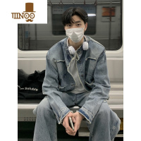 YANXU毛边立领牛仔外套男韩系渐变夹克潮牌水洗做旧休闲外搭上衣