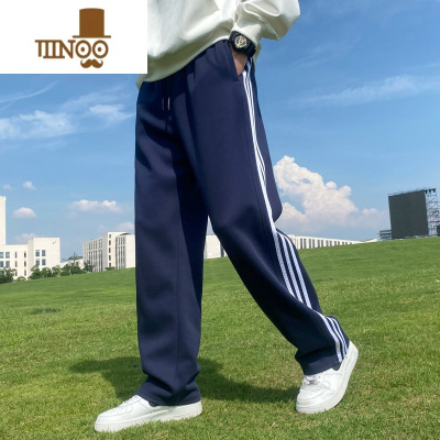 YANXU三条杠运动裤男款宽松直筒休闲卫裤女初高中学生蓝色校服裤子