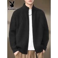 花花公子针织开衫男士秋季新款纯色休闲线衣宽松立领毛衣外套男潮