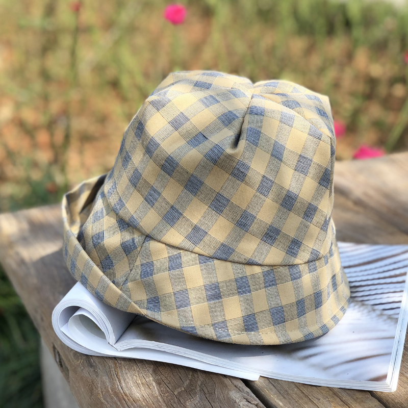 英伦格子卷边小沿渔夫帽女夏季薄款出游防晒布艺遮阳帽显脸小百搭帽子
