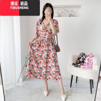 YIBUSHENG棉绸连衣裙女季新款V领收腰显瘦半袖沙滩裙气质人造棉碎花长裙