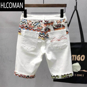 HLCOMAN2024夏季潮牌牛仔短裤男薄款个性拼接刺绣花纹白色弹力五分中裤潮