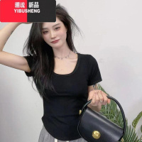 YIBUSHENG季简约修身纯色百搭u领短袖T恤女韩版不规则甜美短款显瘦上衣