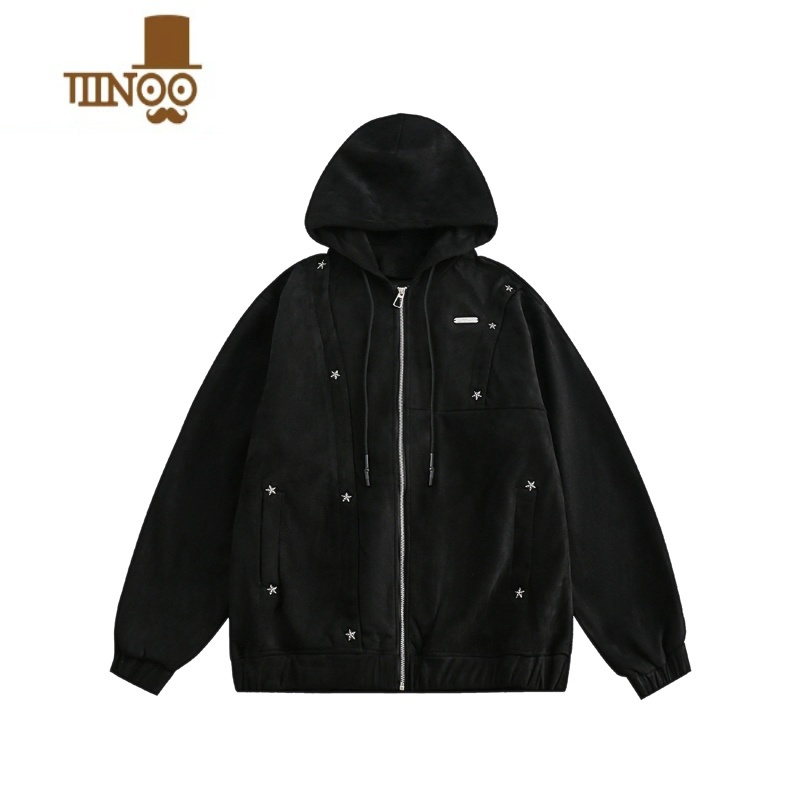 YANXUTurned易冧ounng连帽卫衣男秋季高街星星装饰设计感百搭开衫外套