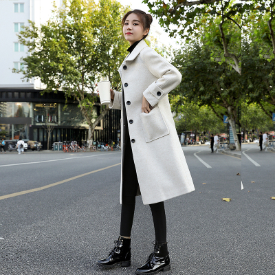 FISHBASKET粉色娃娃领毛呢大衣女中长款过膝装加棉加厚修身气质呢子外套毛呢外套