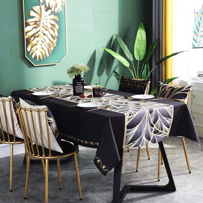 北欧黑色烫金桌布防水防油免洗餐桌布艺棉麻黑金茶几布美式轻奢风