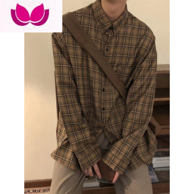 七斓日系复古内搭咖色格子长袖衬衫男潮ins情侣宽松休闲衬衣外套