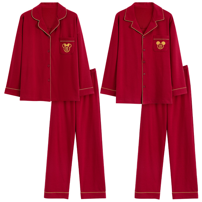 情侣睡衣春秋冬季棉质本命年喜庆结婚红色一男士一女士家居服套装