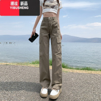 YIBUSHENG美式复古卡其色直筒工装牛仔裤女高街vibe高腰宽松百搭休闲阔腿裤