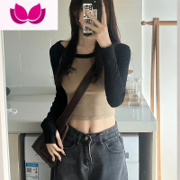 七斓美式复古拼色长袖T恤女内搭短款打底衫辣妹紧身显瘦纯欲上衣