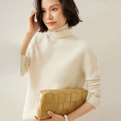 新款秋冬女修身长袖针织衫高翻领山羊绒衫抽条打底衫套头毛衣气质