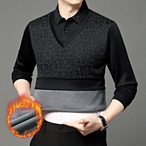 加绒加厚男式假两件毛衫衬衫领冬季中年长袖休闲加厚毛衣爸爸装厚