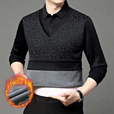 加绒加厚男式假两件毛衫衬衫领冬季中年长袖休闲加厚毛衣爸爸装厚