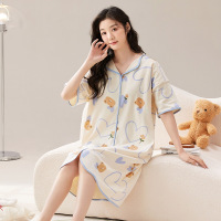 睡裙翻领睡衣女士夏季薄款短袖中长裙韩版新款宽松可爱家居服