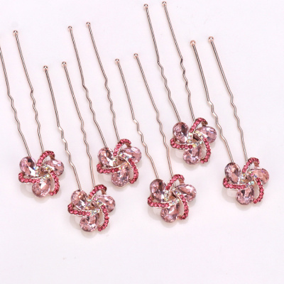 韩版水钻插针新娘盘发头饰水晶发针U型夹洛滑发叉头饰品发型造型工具三颗钻粉色6只