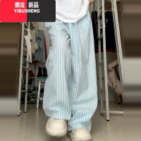 YIBUSHENG蓝色格子阔腿裤女2024季薄款运动休闲裤慵懒宽松山本裤直筒长裤