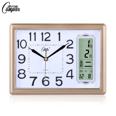 康巴丝(Compas)座钟表客厅卧室万年历日历时钟石英钟现代电子台挂钟12英寸（直径30.5厘米）金色日历款