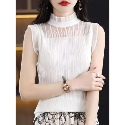 法式洋气无袖背心女半高领内搭白色上衣蕾丝冰丝针织短袖女_1