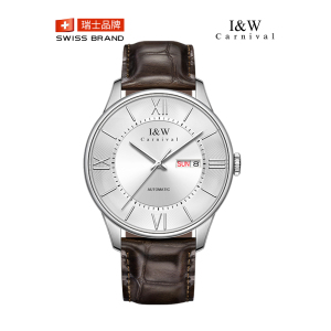 瑞士爱沃驰I&W CARNIVAL镂空全自动机械表 男士手表进口机芯男表纤薄真皮防水双日历腕表蓝宝石镜面8515G