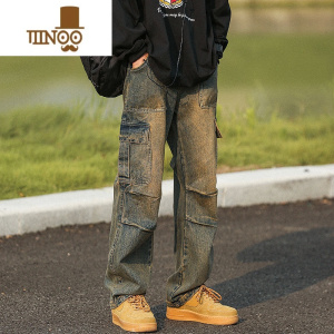 YANXU美式复古重工做旧洗水牛仔长裤男痞帅高街多口袋宽松直筒工装裤子