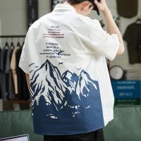 [1折价52.9元叠加优惠券]唐狮夏季新款短袖衬衫男设计感后背印花潮流上衣休闲宽松外套