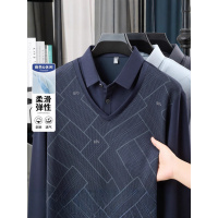 长袖休闲polo衫假两件鸡心领轻商务T恤宽松印花打底衫男