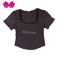 七斓设计感美式露脐短袖t恤女夏季复古辣妹方领短款显瘦小众黑色上衣