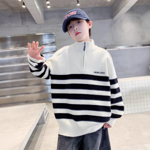 男童高领毛衣秋冬款新款中大童上衣加厚儿童冬装条纹针织衫潮