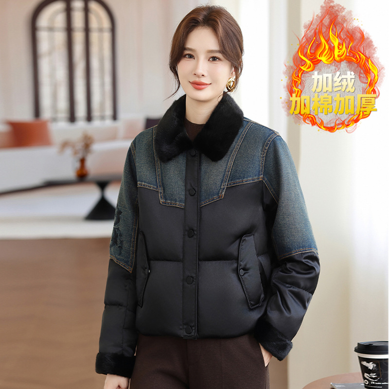 时尚韩版中老年女装棉衣加绒保暖妈妈装棉服外套50岁牛仔拼接冬装
