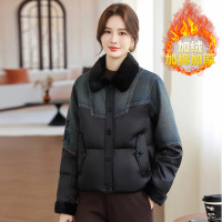 时尚韩版中老年女装棉衣加绒保暖妈妈装棉服外套50岁牛仔拼接冬装