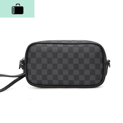 新款商务胸包 男手拿包单肩包时尚横款格子皮质斜挎包潮流手腕包NEW LAKE 黑色格子款男士手拿包