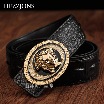 赫泽琼斯HEZZJONS正品真皮皮带进口意大利牛皮腰带手工镶钻钢扣皮带青年时尚潮流软皮腰带黑色