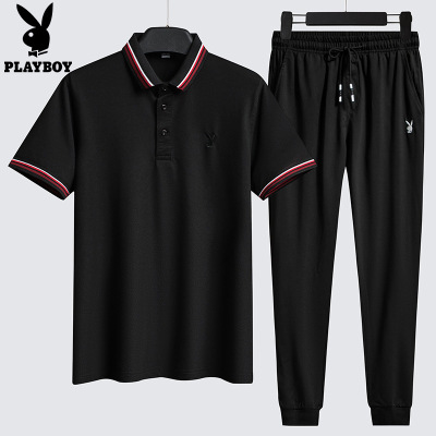 花花公子POLO衫男夏季薄款青年潮流纯色T恤男士短袖休闲套装