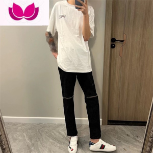 七斓网红同款膝盖拉链破洞牛仔裤水洗高街男休闲裤百搭修身九分裤直筒