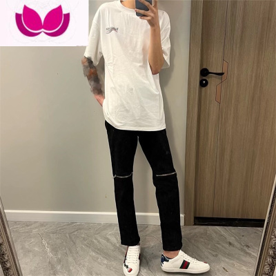 七斓网红同款膝盖拉链破洞牛仔裤水洗高街男休闲裤百搭修身九分裤直筒