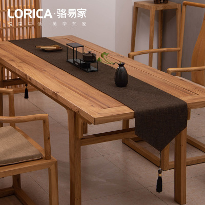 新中式桌旗禅意色棉麻茶几餐桌布日式长条北欧现代简约五斗柜布 平织-咖色 33*360cm(适用桌长3米-3.2米)
