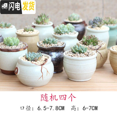 三维工匠麦饭石多肉花盆陶瓷手绘粗陶复古爆裂创意大老桩盆栽室内 乳白色清新小盆随机4个 中等花盆容器