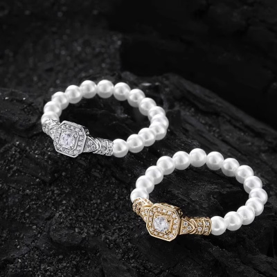 金银满钻珍珠弹力绳戒指女小众高级感轻奢个性气质百搭新品手饰潮送女朋友老婆情人节七夕生日礼物