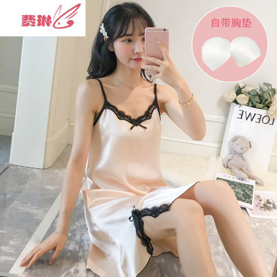 带胸垫睡裙女士夏季性感薄款冰丝家居服夏天可爱学生少女吊带睡衣费琳